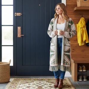 Pol geo shape duster cardigan Boho sweater size large